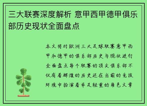 三大联赛深度解析 意甲西甲德甲俱乐部历史现状全面盘点