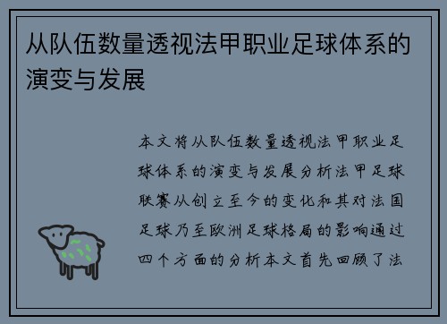 从队伍数量透视法甲职业足球体系的演变与发展