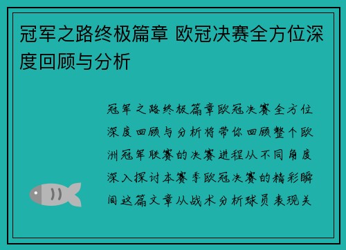 冠军之路终极篇章 欧冠决赛全方位深度回顾与分析