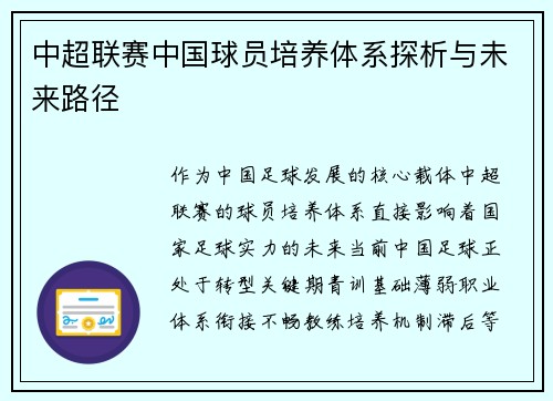 中超联赛中国球员培养体系探析与未来路径