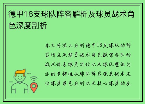 德甲18支球队阵容解析及球员战术角色深度剖析